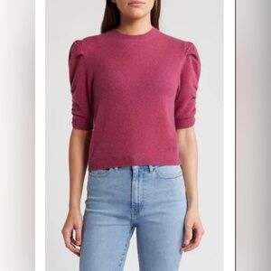 NWT $428 Frame Ruched Sleeve 100% Cashmere Sweater in Dragon Fruit